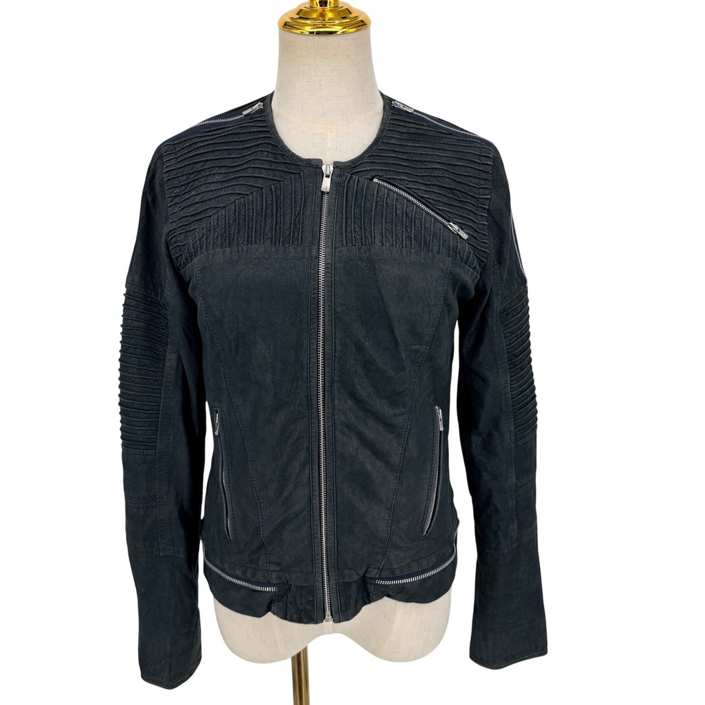 7 For All Mankind Leather Moto Jacket S Black Leather Pleated Ribbed Moto